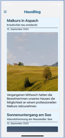 Die App bietet einen Überblick über geplante Aktivitäten, Veranstaltungen und den wöchentlichen Menüplan.