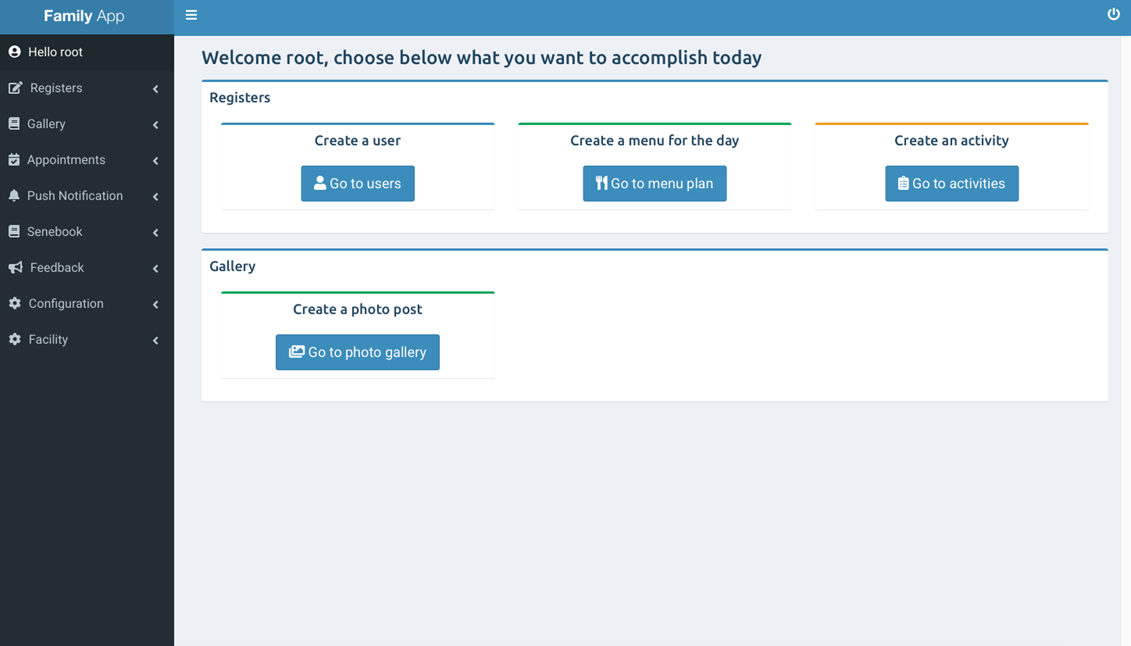 Das benutzerfreundliche Dashboard bietet dem Administrator der FamilyApp eine einfache Möglichkeit, Informationen gezielt und aktuell zu teilen und mit den Angehörigen direkt in Kontakt zu treten.