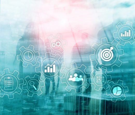 Business process automation concept. Gears and icons on abstract background